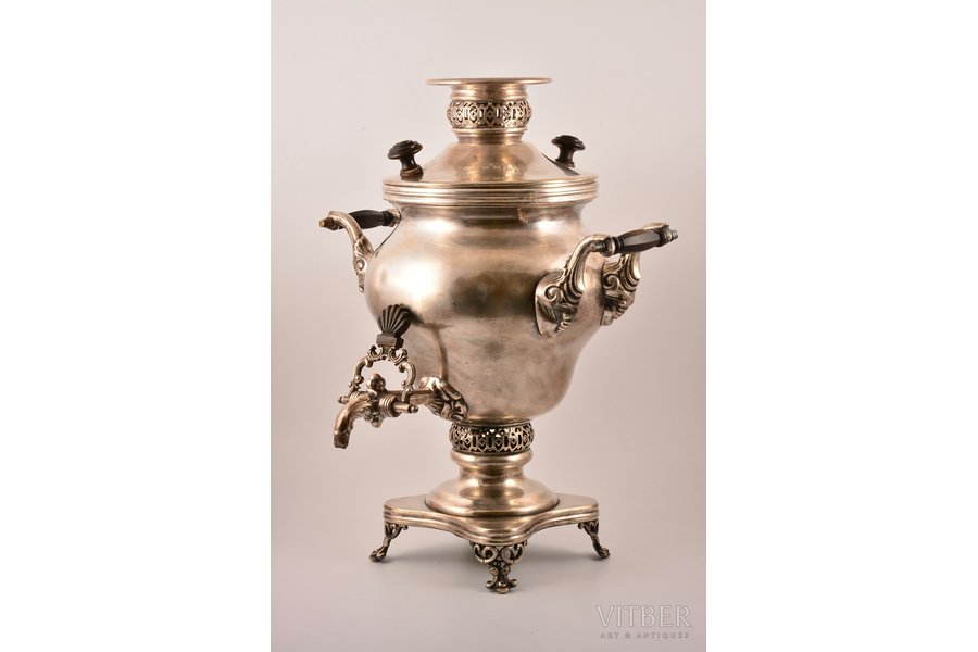 samovar, Fraget w Warszawie, bronze, silver plated, copper, Russia, Congress Poland, the end of the 19th century, h 49 cm, weight 6950 g, shape "vase-turnip smooth"