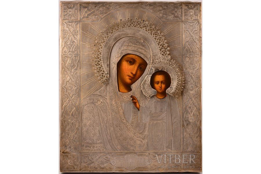 icon, Our Lady of Kazan, board, silver, painting, 84 standart, Russia, 1875, 26.8 x 22.3 x 1.9 cm, 142.05 g (weight of oklad)