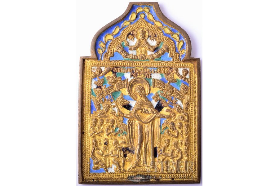 ikona, Dievmāte Visu sērojošo Prieks, vara sakausējuma, 6-krāsu emalja, Krievijas impērija, 19. gs., 11.6 x 7.8 x 0.5 cm, 215.15 g.