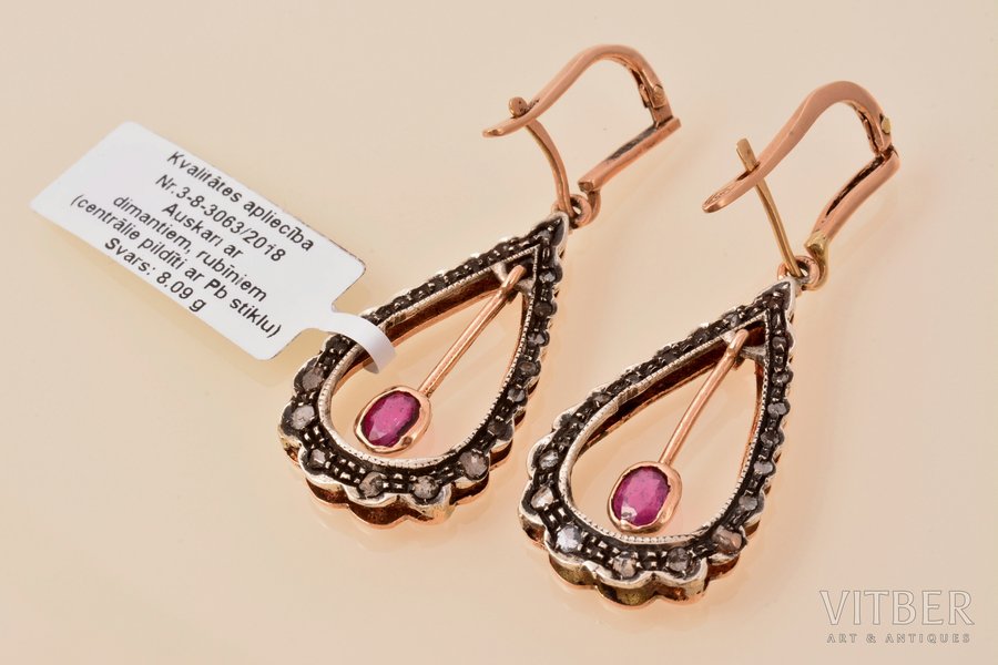earrings, gold, 500 standard, 8.09 g., the item's dimensions 3.4 x 1.8 cm, diamond, ruby, Italian clasp, rubies filled with Pb glass