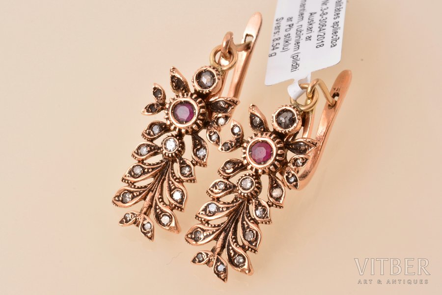 earrings, gold, 500 standard, 8.54 g., the item's dimensions 3 x 1.3 cm, diamond, ruby, Italian clasp, rubies filled with Pb glass