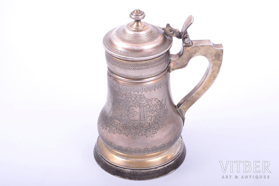 beer mug, silver, 84 standard, 443.70 g, engraving, gilding, h 19 cm, 1892, Moscow, Russia