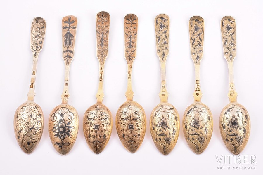 set of teaspoons, silver, 7 pcs., 84 standard, 163.30 g, engraving, niello enamel, gilding, 13.7-14.2 cm, by Dmitriyev M., Konstantin Yakovlevich Pec's workshop, 1842, 1859, Moscow, Russia