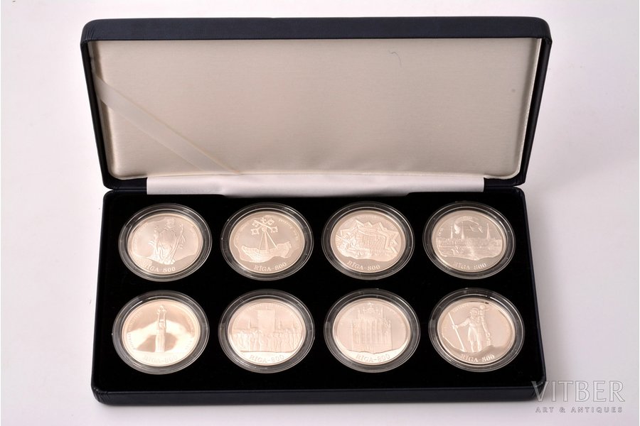 set of 8 coins, 10 lats, Riga 800, 1995-1998, silver, Latvia, 31.47 g, Ø 38.61 mm, Proof, with a certificate, 925 standard, in a box
