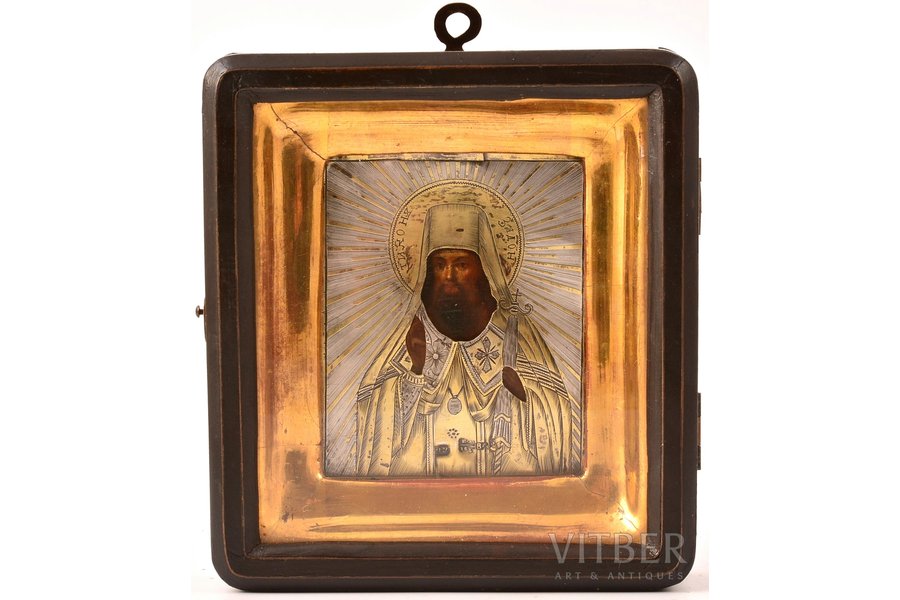 icon, Saint Tikhon of Zadonsk, in icon case, board, silver, painting, 84 standart, Russia, 1861, 8.9 x 7.4 x 0.95 (14 x 13 x 14.5) cm, 16.25 g. (weight of oklad)