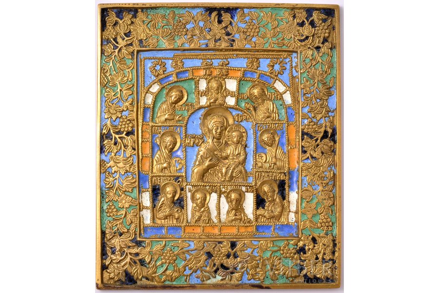 ikona, Smoļenskas Dievmāte, vara sakausējuma, 6-krāsu emalja, Krievijas impērija, 19. un 20. gadsimtu robeža, 11.4 x 9.7 x 0.4 cm, 327.90 g.
