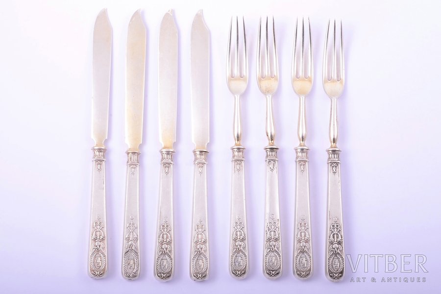 flatware set, silver, 4 dessert forks and 4 dessert knives, 84 standard, 278.25 g, fork 16.7 cm,  knife 17.5 cm, "Fabergé", 1899-1918, Moscow, Russia