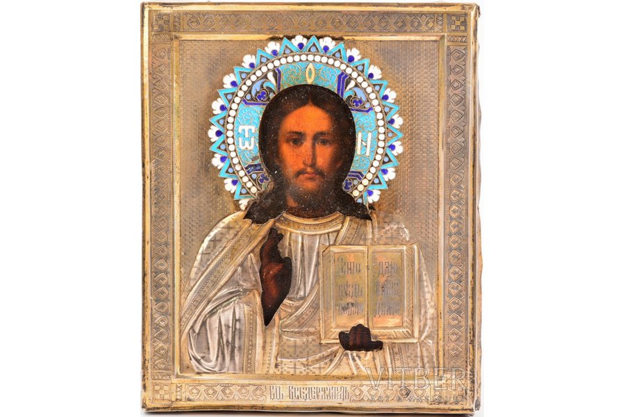 icon, Jesus Christ Pantocrator, board, silver, painting, cloisonne enamel, 4-color enamel, 84 standard, Brothers Zakharovs S. and V., Russia, 1899-1905, 18 x 14.8 x 2 cm