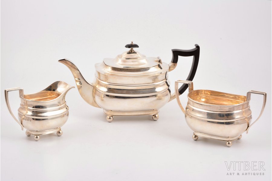 service: sugar-bowl, cream jug, teapot, silver, 925 standart, teapot 719.55 g, sugar-bowl 257.80 g, cream jug 181.85g, James Dixon & Sons, Great Britain, h 15.8 / 10.1 / 10 cm
