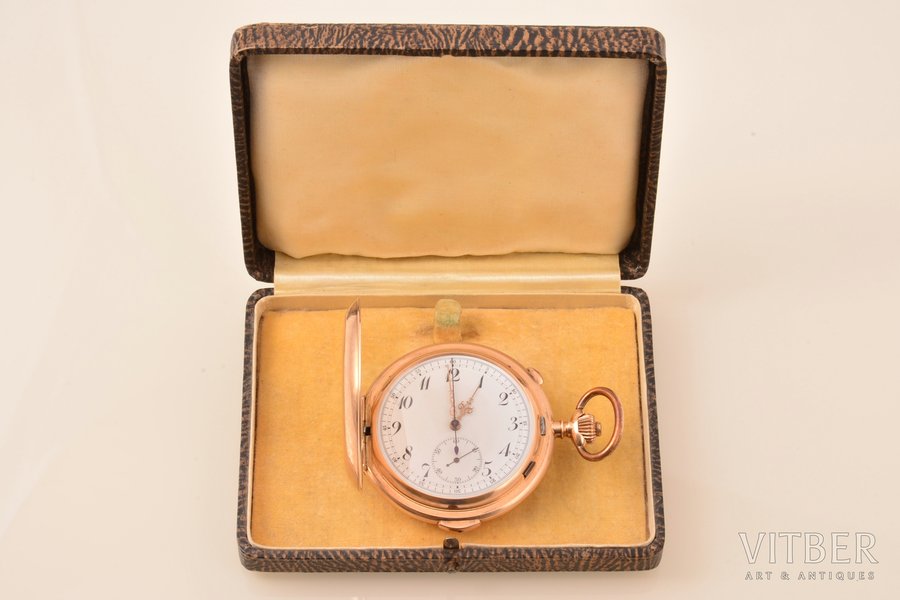 pocket watch, quarter repeater with chronometer, Switzerland, the border of the 19th and the 20th centuries, gold, 56, 585, 14 K standart, 101.71 g, 7.2 x 6.1 cm, Ø 51 mm, in a case