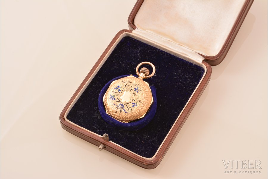 kabatas pulkstenis, Šveice, zelts, 14 K prove, 21.48 g, 3.7 x 2.9 cm, Ø 22 mm, futlārī