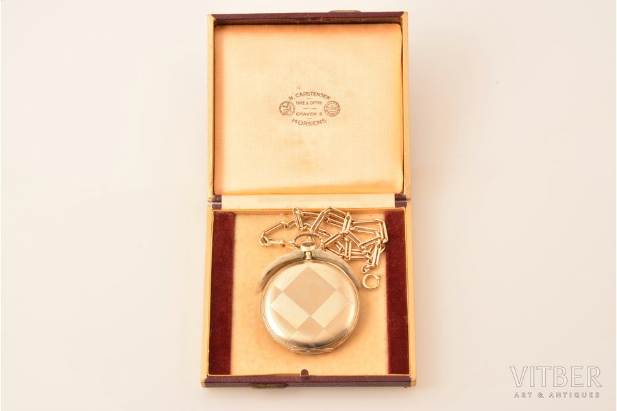 карманные часы, Швейцария, золото, 56, 585, 14 K проба, без цепочки 72.00 г, вес цепочки 22.16 г, 5.9 x 4.9 см, Ø 44.1 мм, в футляре