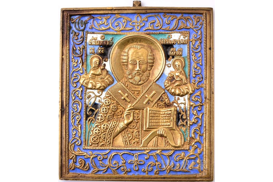 ikona, Svētais Nikolajs Brīnumdarītājs, vara sakausējuma, 5-krāsu emalja, Krievijas impērija, 20. gs. sākums, 11.2 x 9.6 x 0.5 cm, 294.95 g.