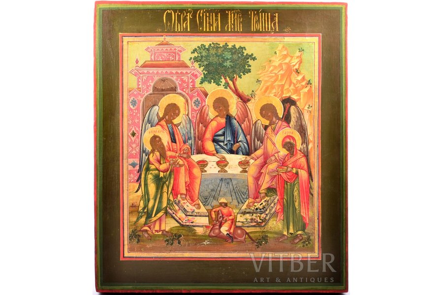 ikona, Ābrahama viesmīlība - Vecās Derības Svētā Trīsvienība, dēlis, gleznojums, zeltījums, Krievijas impērija, 34.5 x 30.1 x 2.6 cm