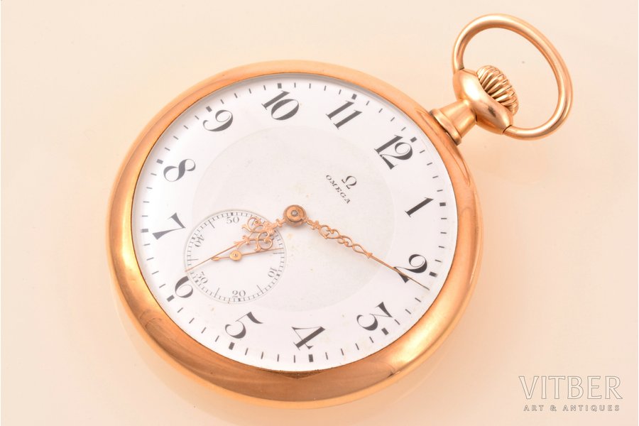 pocket watch, "Omega", Switzerland, the beginning of the 20th cent., gold, 56, 14 K standart, 72.20 g, 6.1 x 5 cm, Ø 42 mm, working well