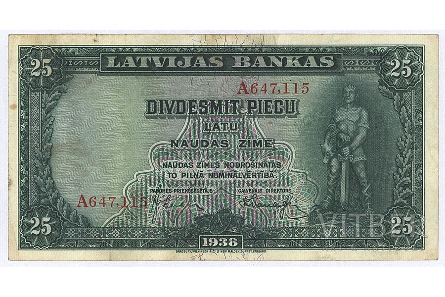 25 lati, banknote, 1938 g., Latvija, VF