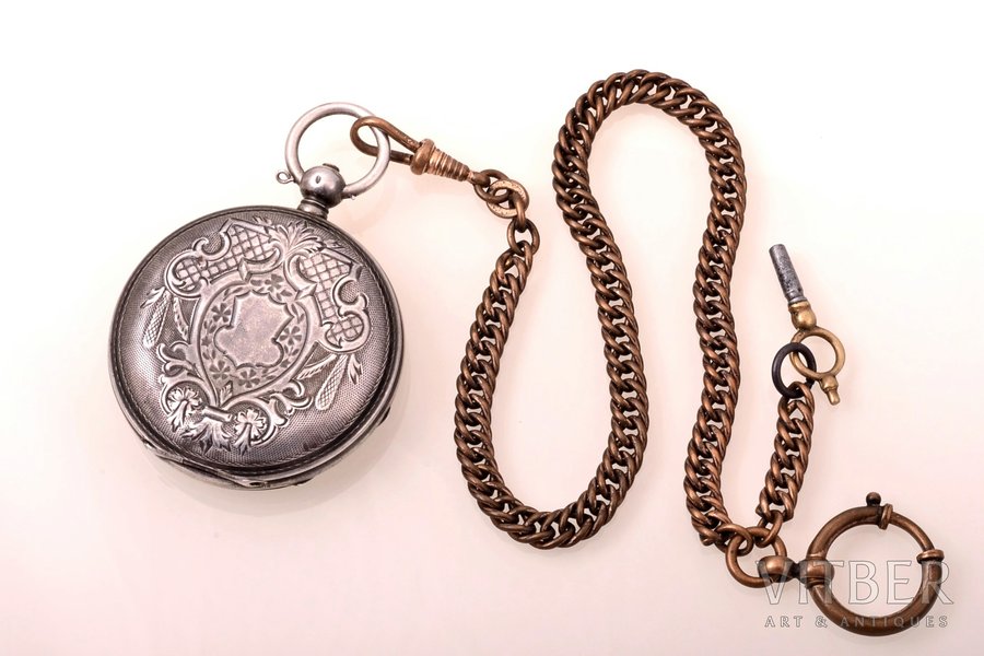 pocket watch, "Georges Favre Jaсot", with key, Switzerland, the border of the 19th and the 20th centuries, silver, 84, 875 standart, (total weight without chain) 76.95 g, 5.9 x 4.9 cm, Ø 40 mm, working well