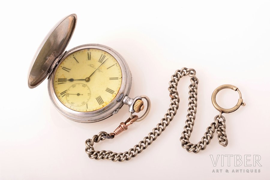pocket watch, "Павелъ Буре (Pavel Buhre)", with chain, Russia, Switzerland, the border of the 19th and the 20th centuries, metal, (weight without chain) 140.05 g, 7.1 x 5.7 cm, Ø 47 mm, working well