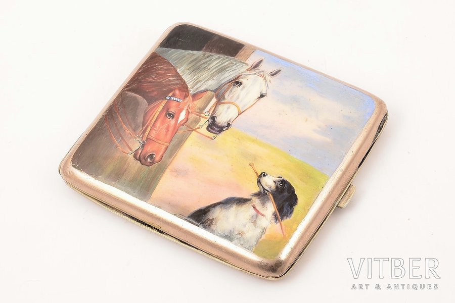 cigarette case, "Horses and a dog" painting on enamel, metal, the 20th cent., 9.7 x 8.7 x 1.8 cm, weight 161.15 g