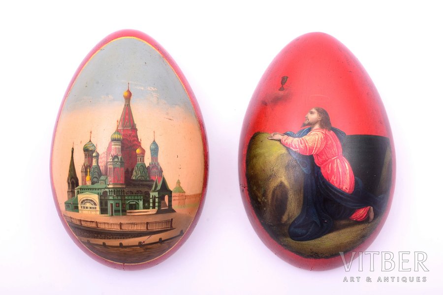 Easter egg, "Agony in the Garden", Cathedral of the Protection of Most Holy Theotokos on the Moat (The Cathedral of Vasily the Blessed), factory of N. A. Lukutin, painting, gilding, papier mache, Russia, the middle of the 19th cent., h 9.6 cm