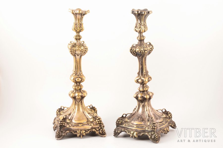 pair of candlesticks, Fraget w Warszawie, silver plated, Russia, Congress Poland, 1860-1896, 36.2 / 36.4 cm