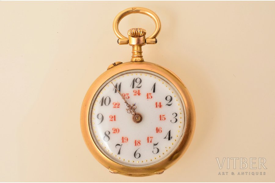 карманные часы, Франция, рубеж 19-го и 20-го веков, золото, 18 K проба, 14.50 г, 3.4 x 2.6 см, Ø 22 мм