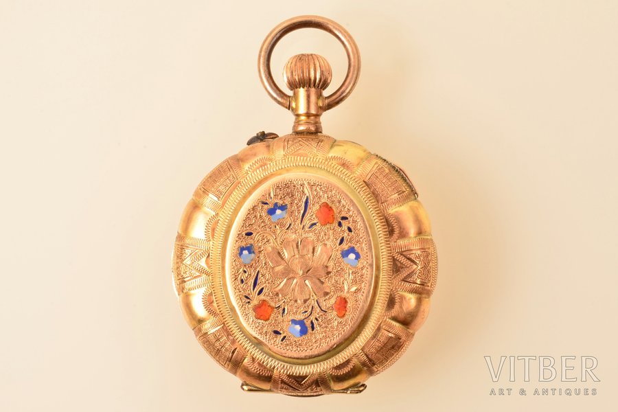 pocket watch, "Cylindre", gold, enamel, 56, 14 K standart, 24.10 g, 4 x 3.1 cm, Ø 26 mm