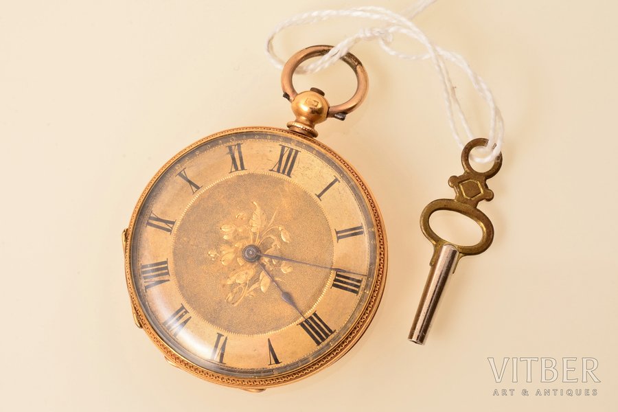 kabatas pulkstenis, ar atslēdziņu, zelts, metāls, 18 K prove, (kopējs)  46.66 g, 4.8 x 4.1 cm, Ø 38 mm