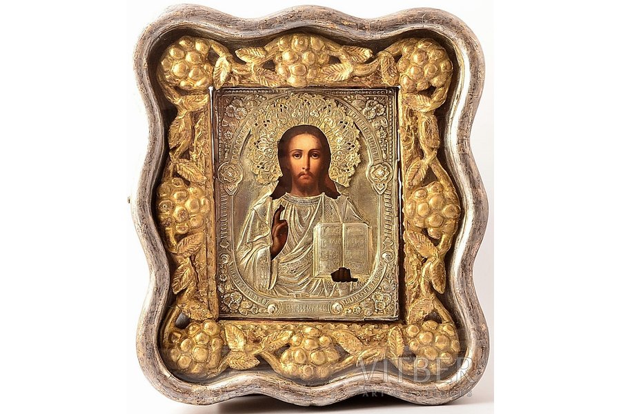ikona, Jēzus Kristus Pantokrators (Visavaldītājs), rāmī, dēlis, sudrabs, gleznojums, 84 prove, Krievijas impērija, 1887 g., 22.4 x 17.6 x 2.5  / 37 x 33 x 9.3 cm