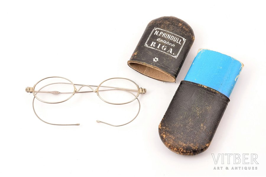 brilles, futlārī, "N.Prindull Optiker Riga.", metāls, stikls, Latvija, 20 gs. 20-30tie gadi