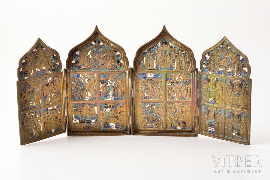icon with foldable side flaps, Great Feasts, copper alloy, 4-color enamel, Russia, the border of the 19th and the 20th centuries, 40.6 x 18.1 x 0.9 cm, 1400 g.