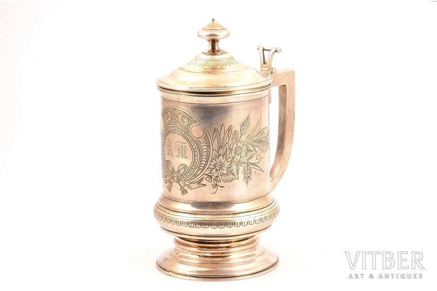 beer mug, silver, 84 standard, 339.20 g, engraving, gilding, h 17.2 cm, 1880-1890, Moscow, Russia
