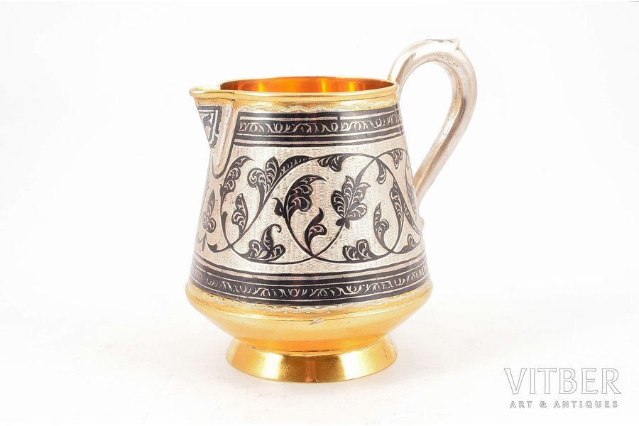 cream jug, silver, 875 standard, 168.80 g, niello enamel, gilding, h (with handle) 10.5 см cm, the artistic plant of Kubachinsk, the 70-80ies of 20th cent., Kubachi, USSR