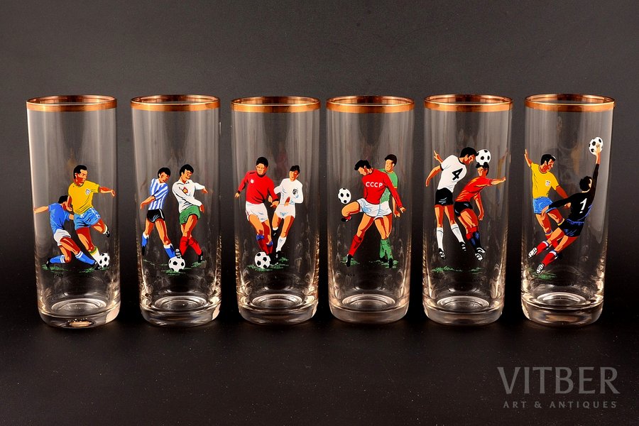 glass complect, 6 pcs. Football championship in Mexico, Latvia, USSR, the 80ies of 20th cent., h 14.8, Ø 5.9 cm