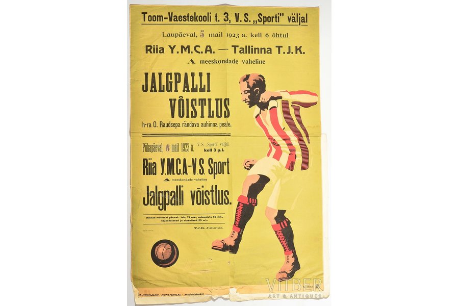 плакат, Футбольный матч Рига Y.M.C.A.- Таллин T.J.K., Эстония, 1923 г., 77.4 x 51.4 см