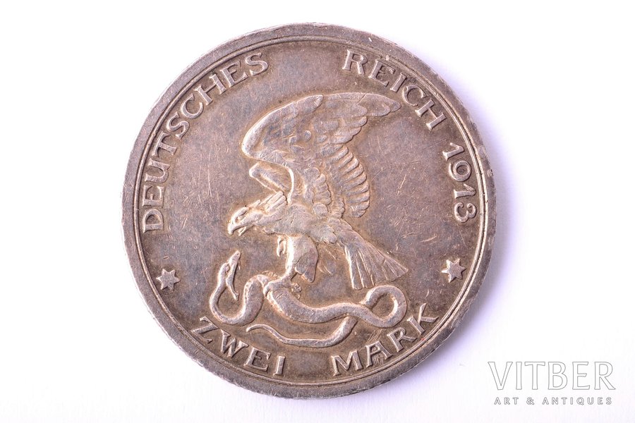 2 марки, 1913 г., серебро, Германия, 11.05 г, Ø 28.2 мм, AU, XF