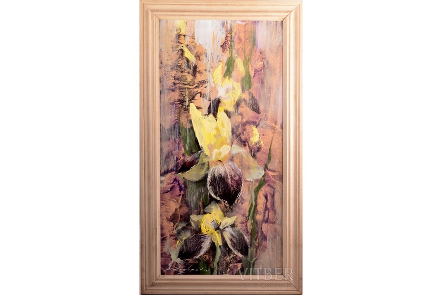Rozlapa Dailis (1932-2015), Irises, 2000, carton, oil, 60 x 29.7 cm