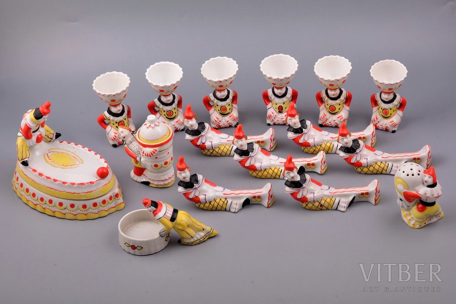 breakfast service, "Clown", for 6 persons (16 items), porcelain, Baranivka porcelain factory, USSR, the 50-60ies of 20th cent., h (egg cup) 8.4 cm, knife rest 11.7x3.8 x 6.8 cm, butter dish 15x10.4x 12.7 cm, third grade, glued crack on the salt cellar, small chips on the surface of the egg cups