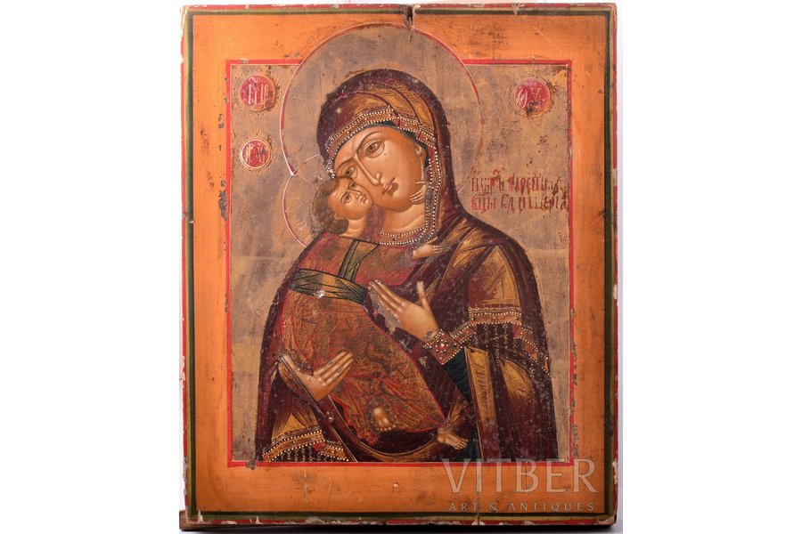 icon, Our Lady of Vladimir, painted on gold, board, painting, Russia, 31.1 x 25.4 x 2.8 cm