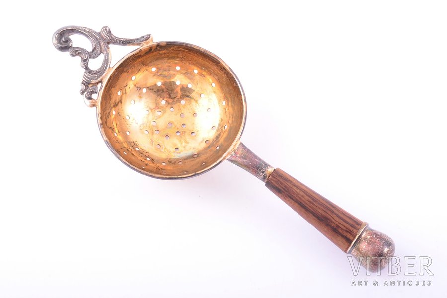 strainer, silver, 925 standard, total weight of item 38.30, gilding, wood, 14.5 cm, London, Great Britain