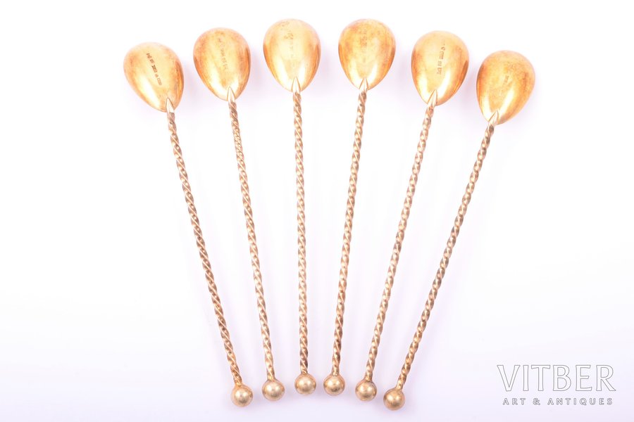set of coffee spoons, silver, 6 pcs., 830 standard, 81.65 g, gilding, 15 cm, 1933, Finland