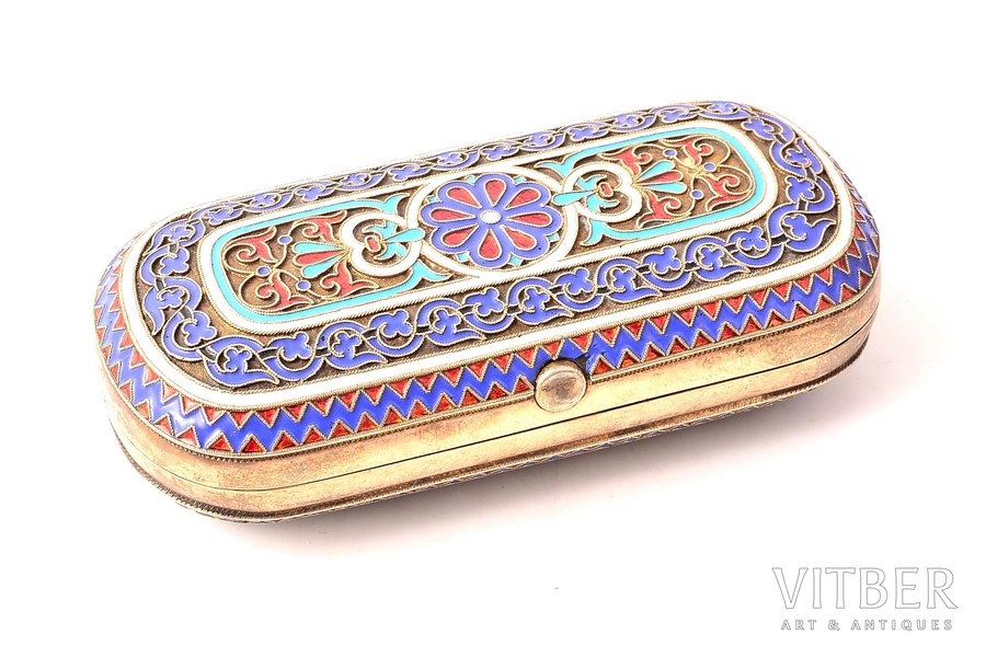 snuff-box, silver, 88 standard, 109.20 g, cloisonne enamel, 9.1 x 4.6 x 2.7 cm, Ivan Khlebnikov factory, the middle of the 19th cent., St. Petersburg, Russia
