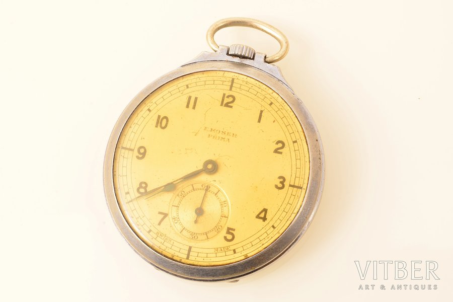 pocket watch, "Moser", Switzerland, metal, 6 x 4.8 cm, Ø 40 mm, in working condition, slow