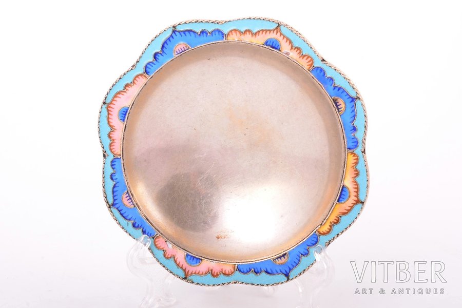decorative plate, silver, 916 standard, 59.20 g, cloisonne enamel, Ø 8.5 cm, Leningrad Jewelry Factory, 1955, Leningrad, USSR, minor enamel defects