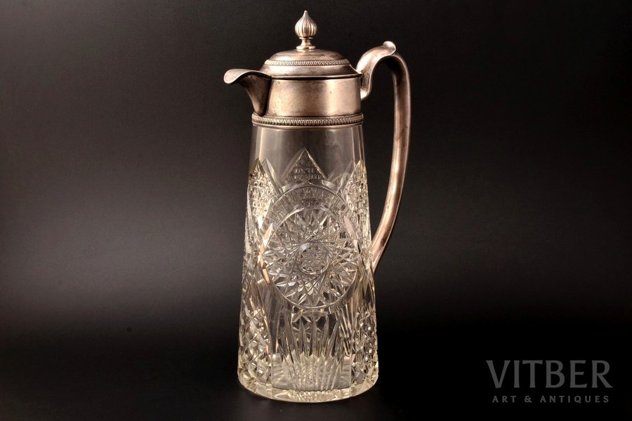 carafe, crystal, silver, 84 standart, St. Petersburg, 1908-1917, Russia, the beginning of the 20th cent., h - 29.8 cm, volume 1.2 L; minor defects – traces of everyday use: small surface chips at the base, scuffs of the glass surface on the bottom