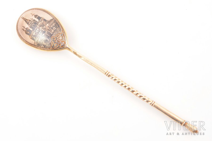 teaspoon, silver, "Kremlin", 84 standard, 20.25 g, niello enamel, 14.8 cm, Levin Stepan Kuzmich factory, 1896-1907, Moscow, Russia