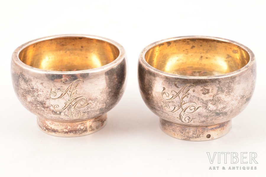 pair of saltcellars, silver, 84 standard, 43.60 g, h 2.1 cm, by Hesketh Timothy, 1880-1883, St. Petersburg, Russia