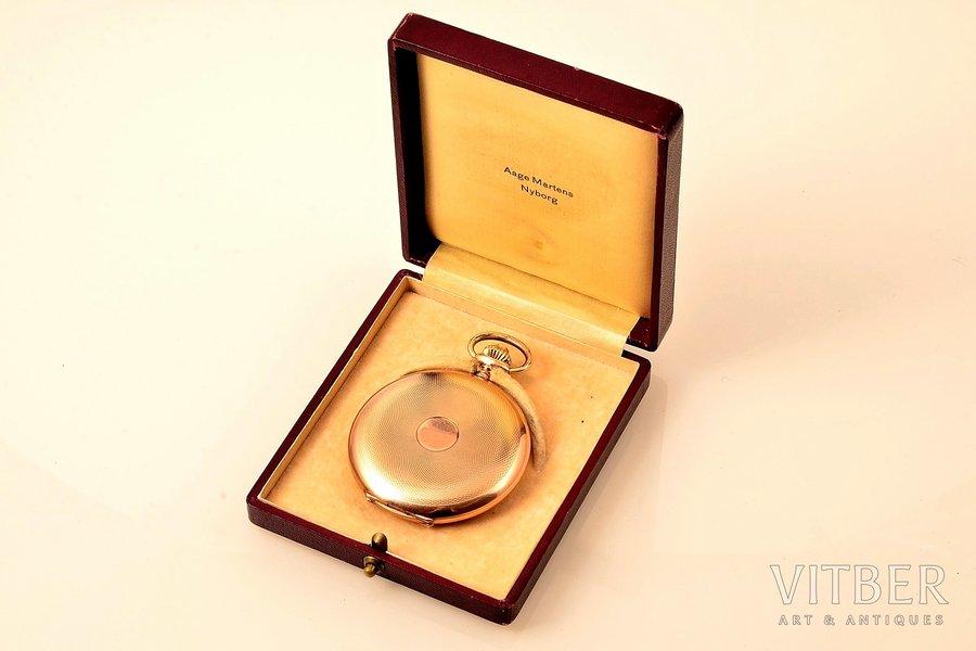 pocket watch, "J.C.F.", inner lid is metal, Switzerland, gold, 56, 14 K standart, 91.83 g, Ø 52 mm, working well, in a box