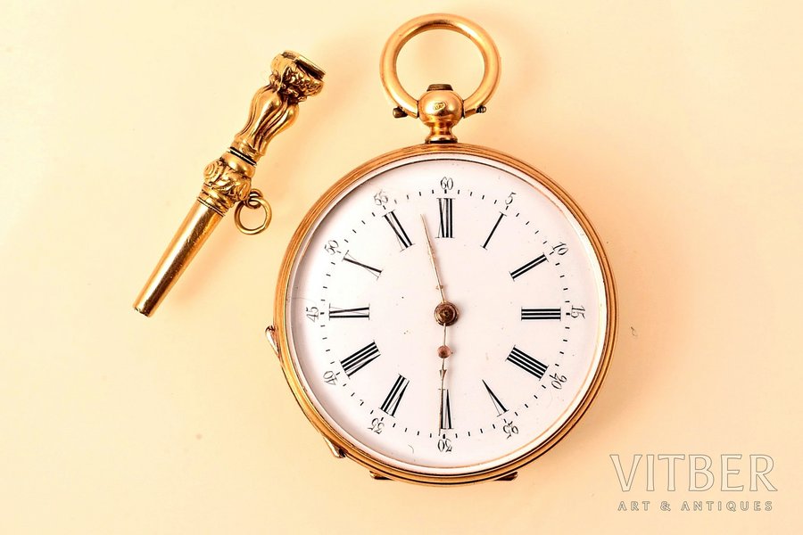 kabatas pulkstenis, Francija, zelts, emalja, svars ar atslēgu - 28.28 g, Ø 32 mm, mehānisms darbojas labi
