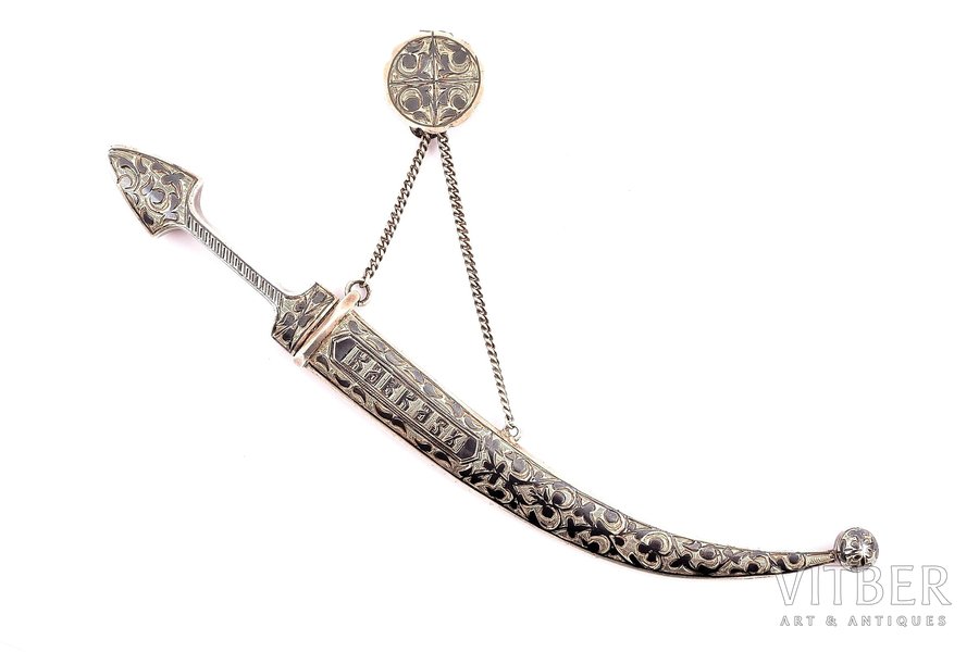 dagger, silver, Qama, "Кавзказ", 84 standard, 41.65 g, niello enamel, total length (with scabbard) - 18.8 cm, length of the blade 10.2 cm, 1899-1908, Moscow, Russia